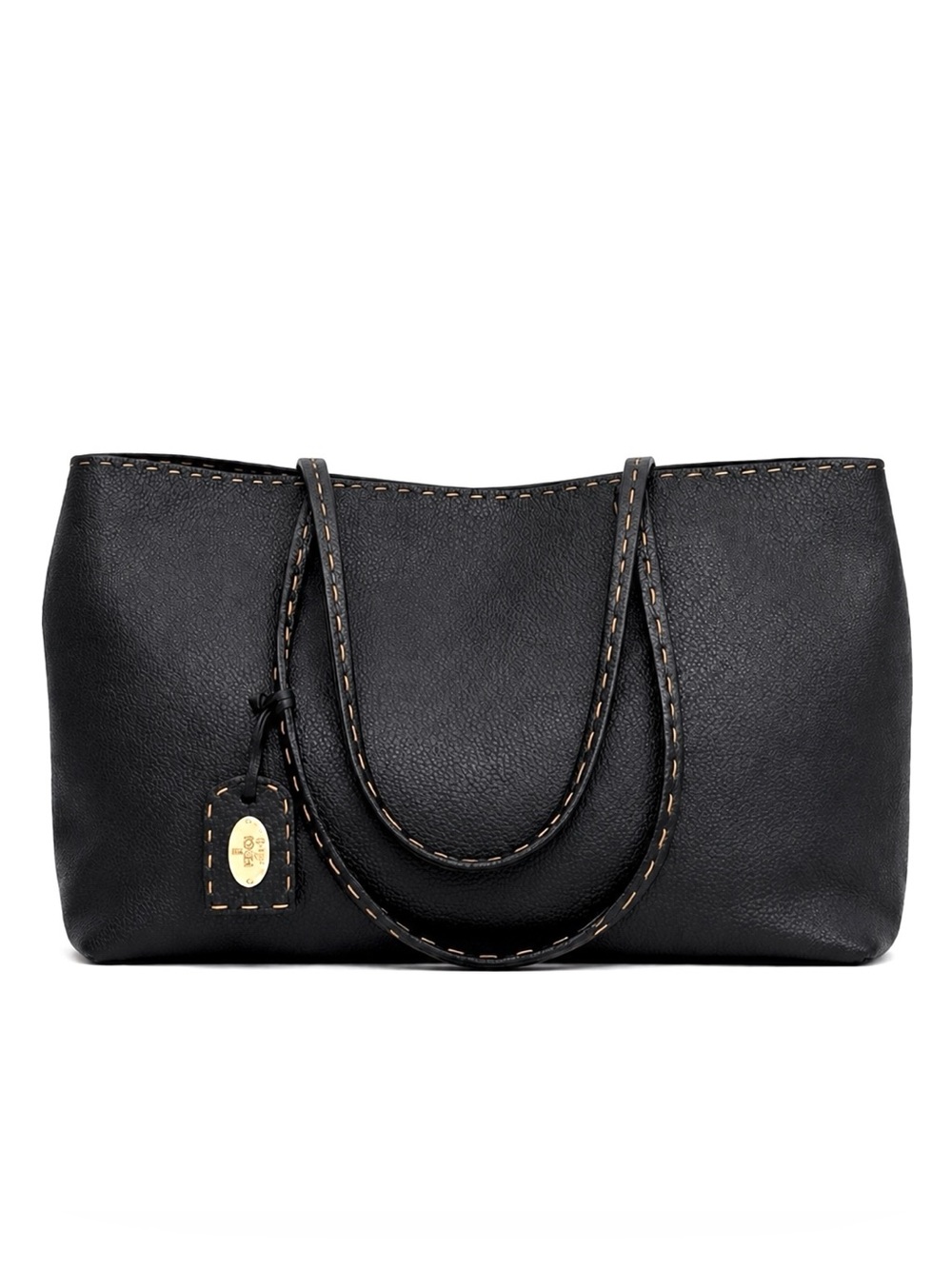 FENDI Selleria Black Whipstitched Pebbled Leather & Suede Large Tote